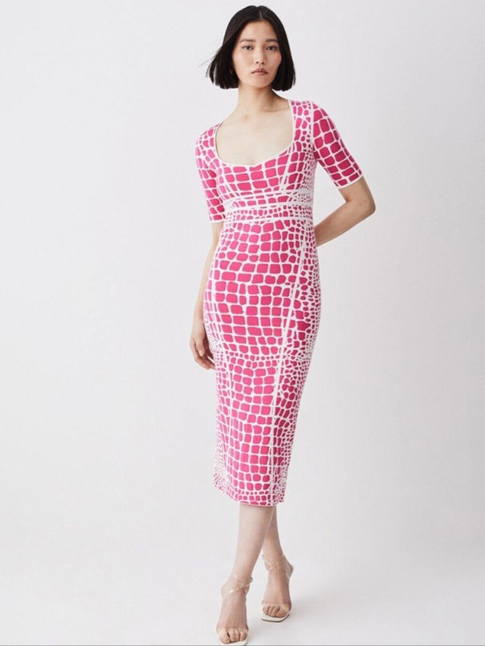 Pink Patterned Square-Neck Midi Dress